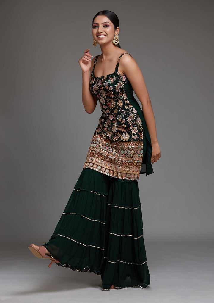Bottle Green Threadwork Georgette Designer Salwar Suit - Koskii