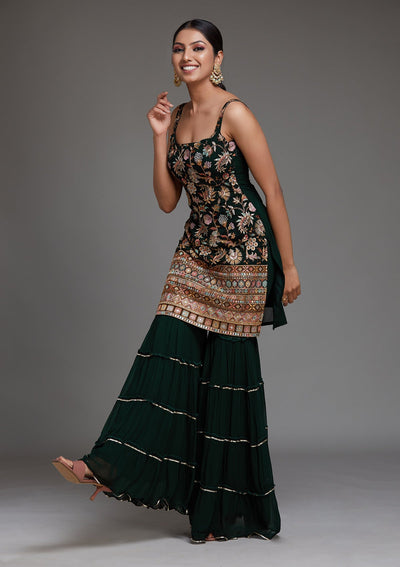 Bottle Green Threadwork Georgette Designer Salwar Suit - Koskii