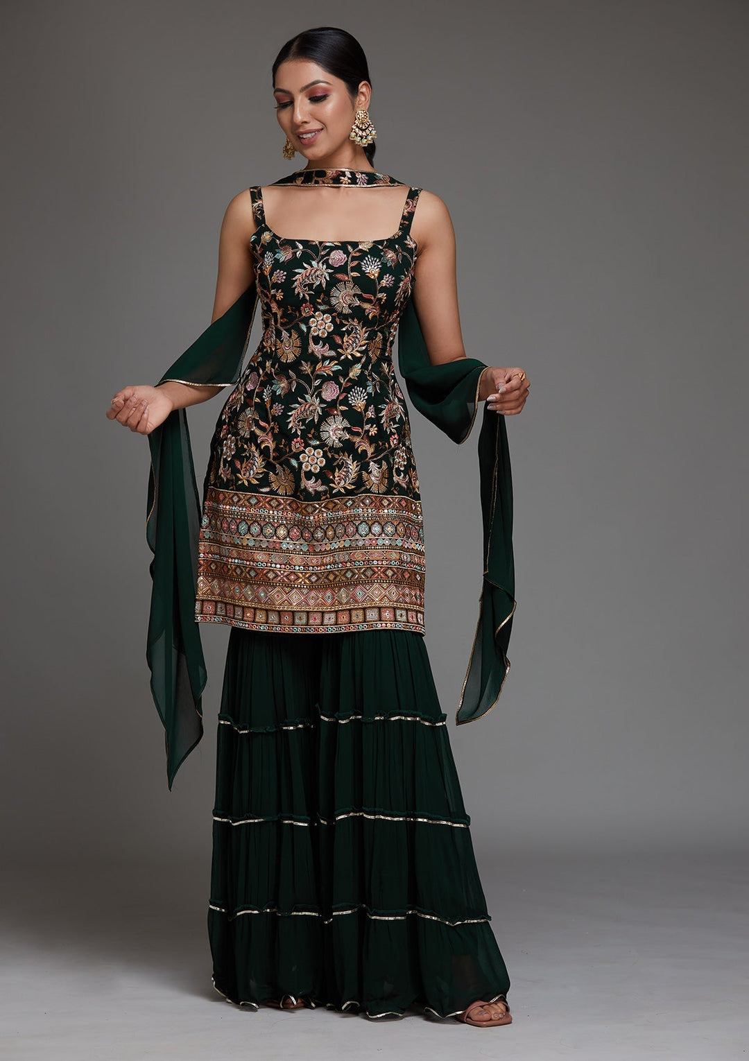 Bottle Green Threadwork Georgette Designer Salwar Suit - Koskii
