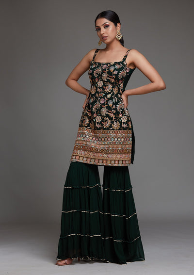 Bottle Green Threadwork Georgette Designer Salwar Suit - Koskii