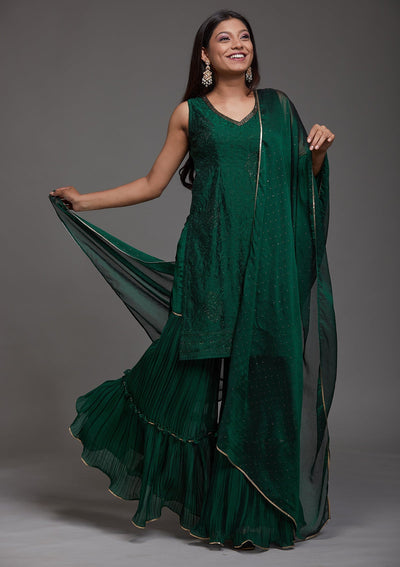 Bottle Green Threadwork Semi Crepe Designer Salwar Suit-Koskii