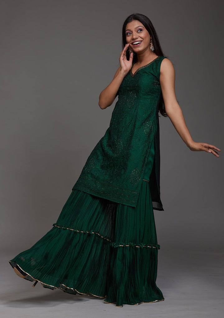 Bottle Green Threadwork Semi Crepe Designer Salwar Suit-Koskii