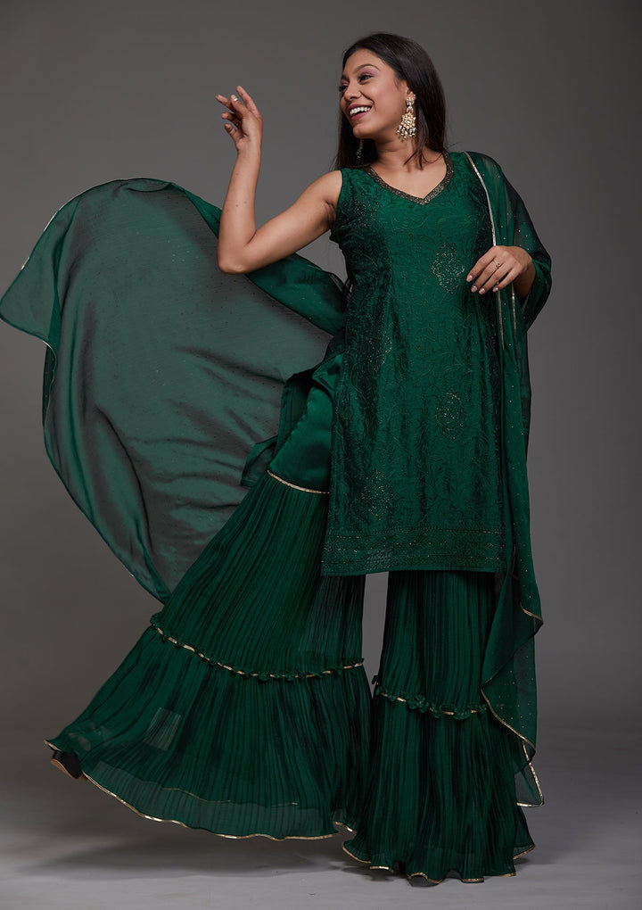 Bottle Green Threadwork Semi Crepe Designer Salwar Suit-Koskii
