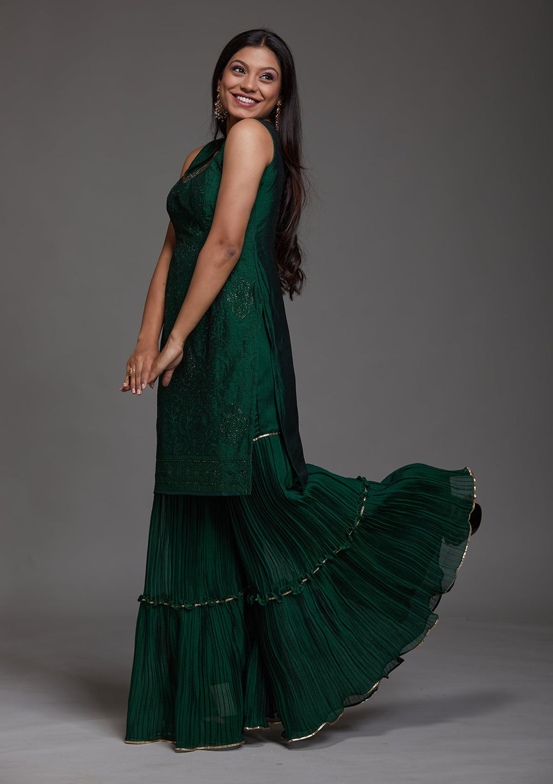 Bottle Green Threadwork Semi Crepe Designer Salwar Suit-Koskii