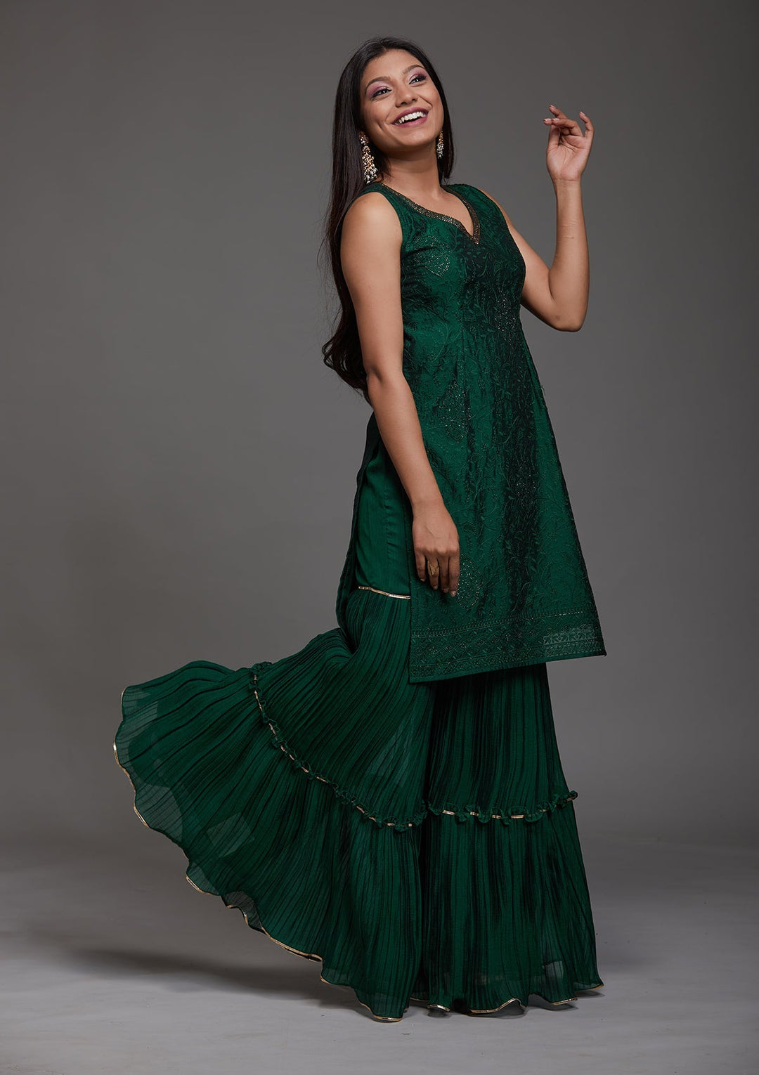 Bottle Green Threadwork Semi Crepe Designer Salwar Suit-Koskii