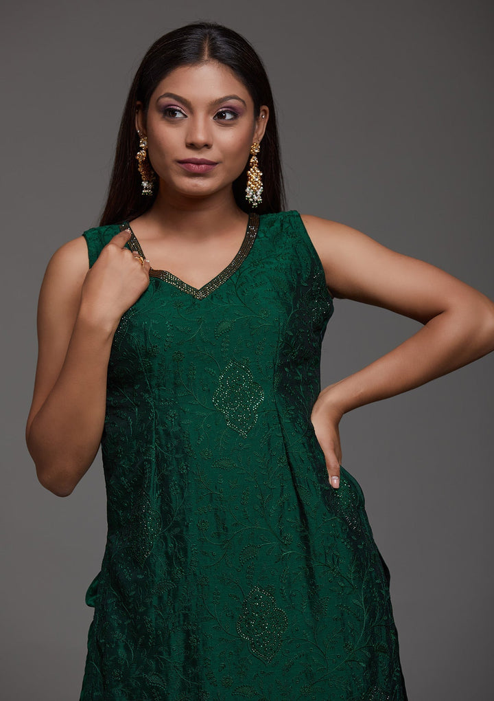 Bottle Green Threadwork Semi Crepe Designer Salwar Suit-Koskii