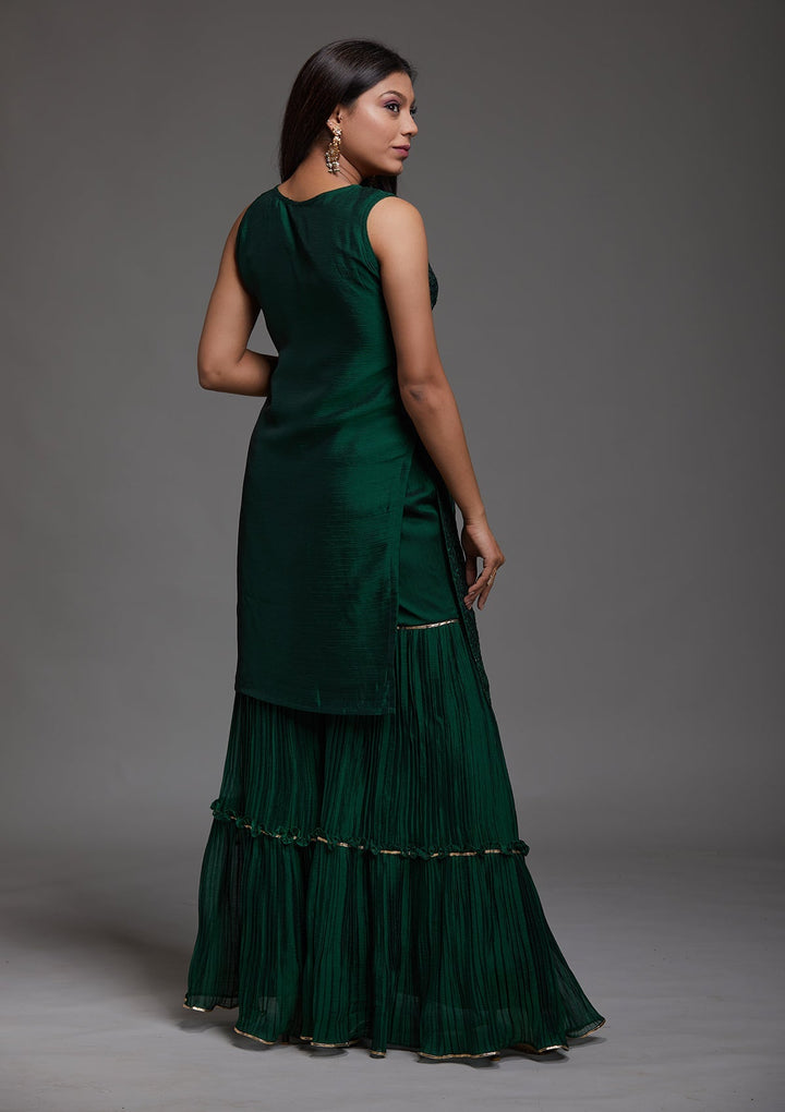 Bottle Green Threadwork Semi Crepe Designer Salwar Suit-Koskii