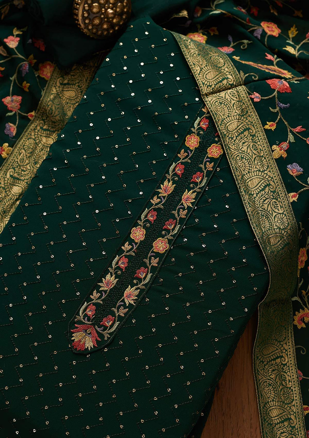 Bottle Green Threadwork Georgette Designer Unstitched Salwar Suit - koskii