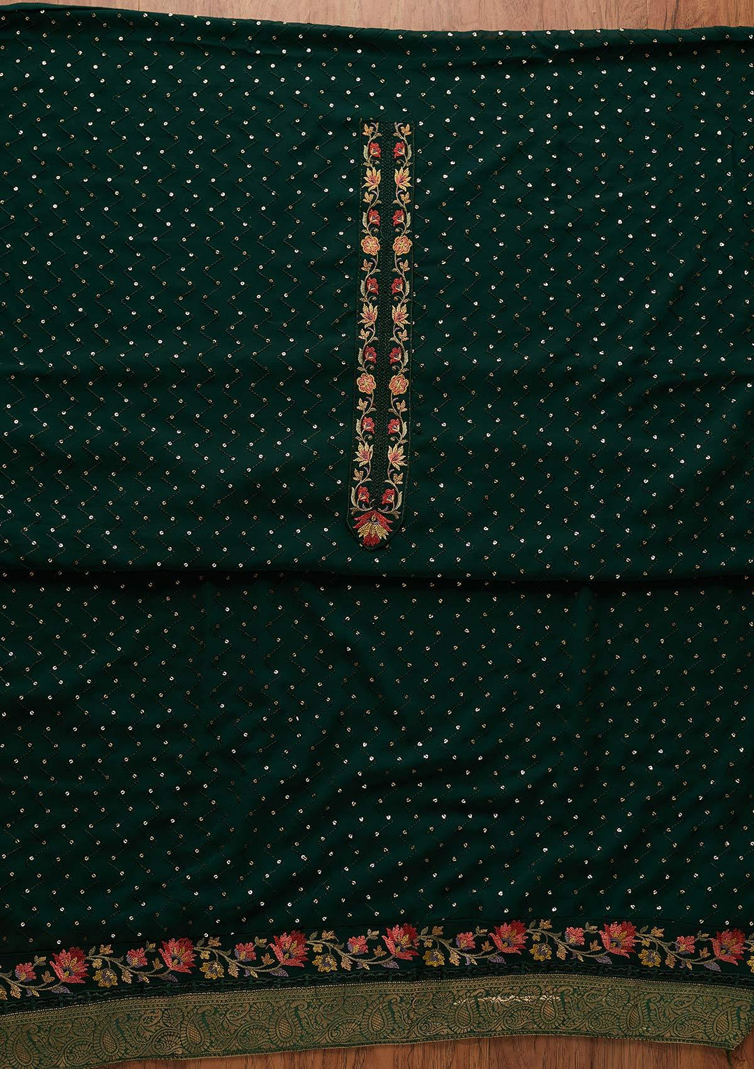 Bottle Green Threadwork Georgette Designer Unstitched Salwar Suit - koskii