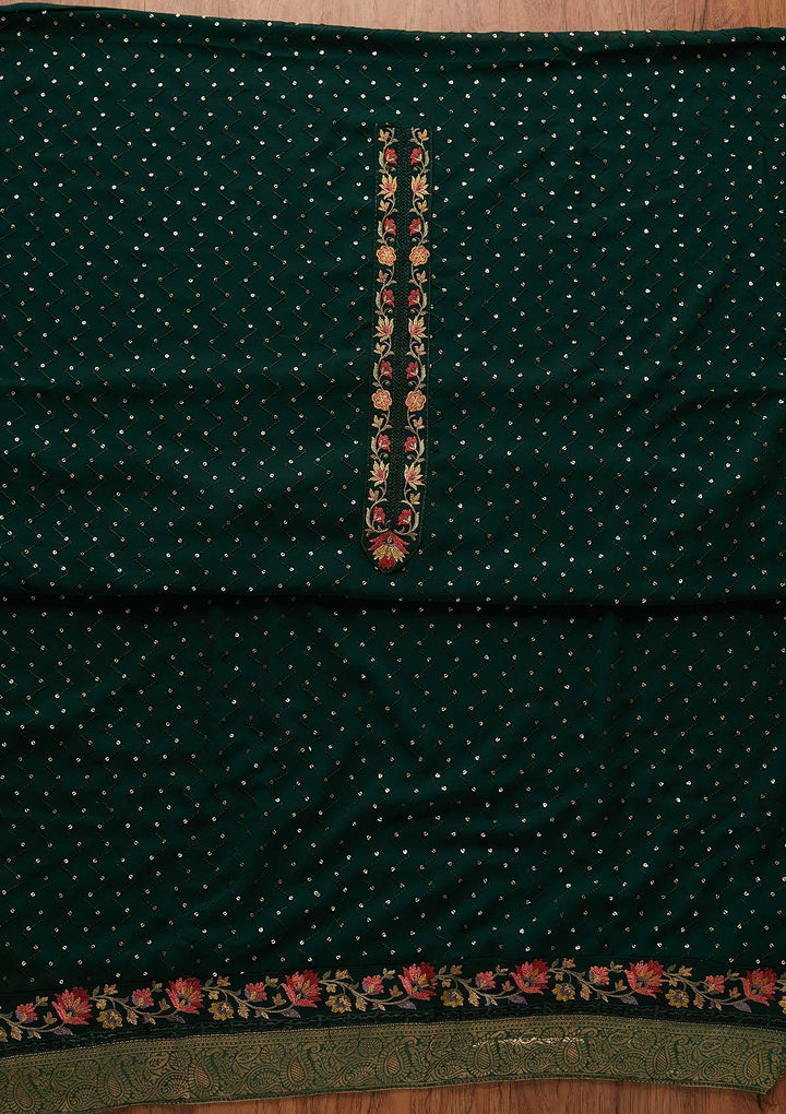 Bottle Green Threadwork Georgette Designer Unstitched Salwar Suit - koskii