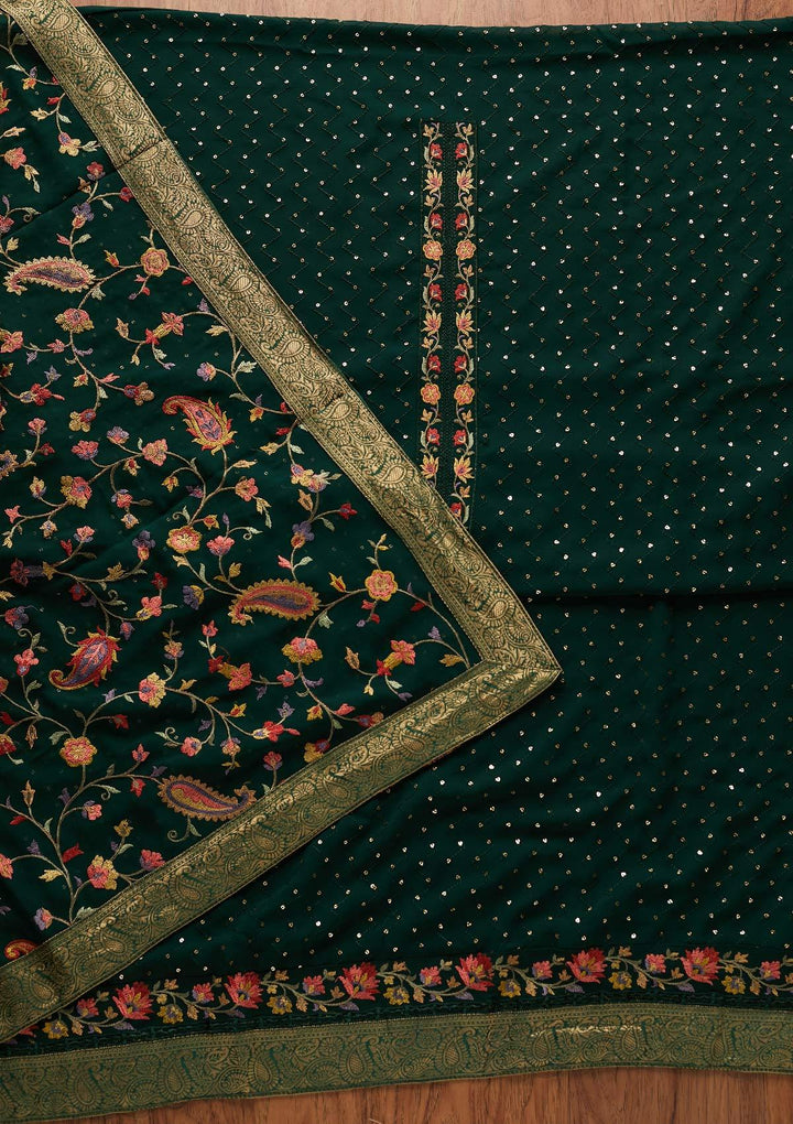 Bottle Green Threadwork Georgette Designer Unstitched Salwar Suit - koskii