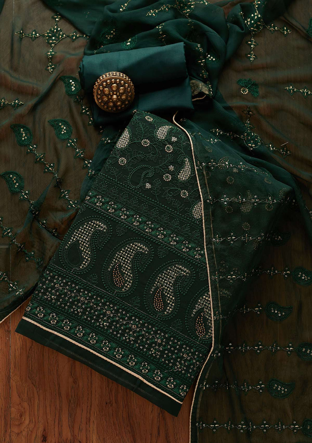 Bottle Green Threadwork Georgette Designer Unstitched Salwar Suit - Koskii