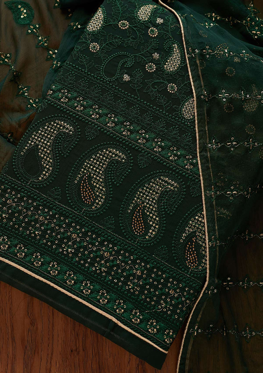 Bottle Green Threadwork Georgette Designer Unstitched Salwar Suit - Koskii