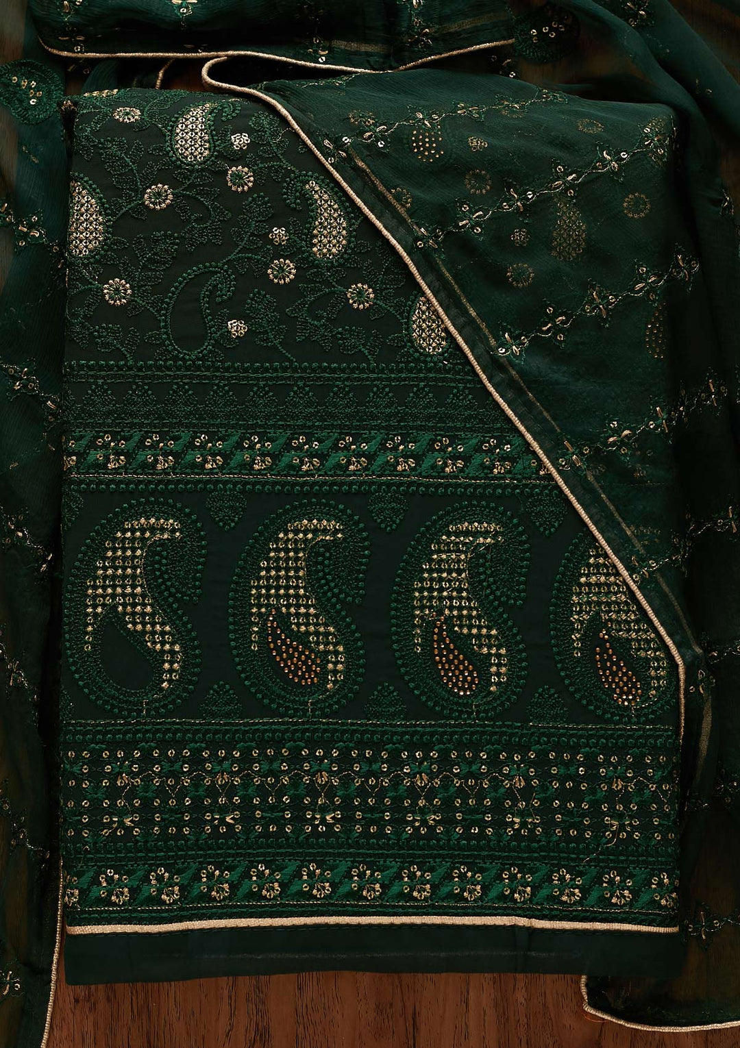 Bottle Green Threadwork Georgette Designer Unstitched Salwar Suit - Koskii