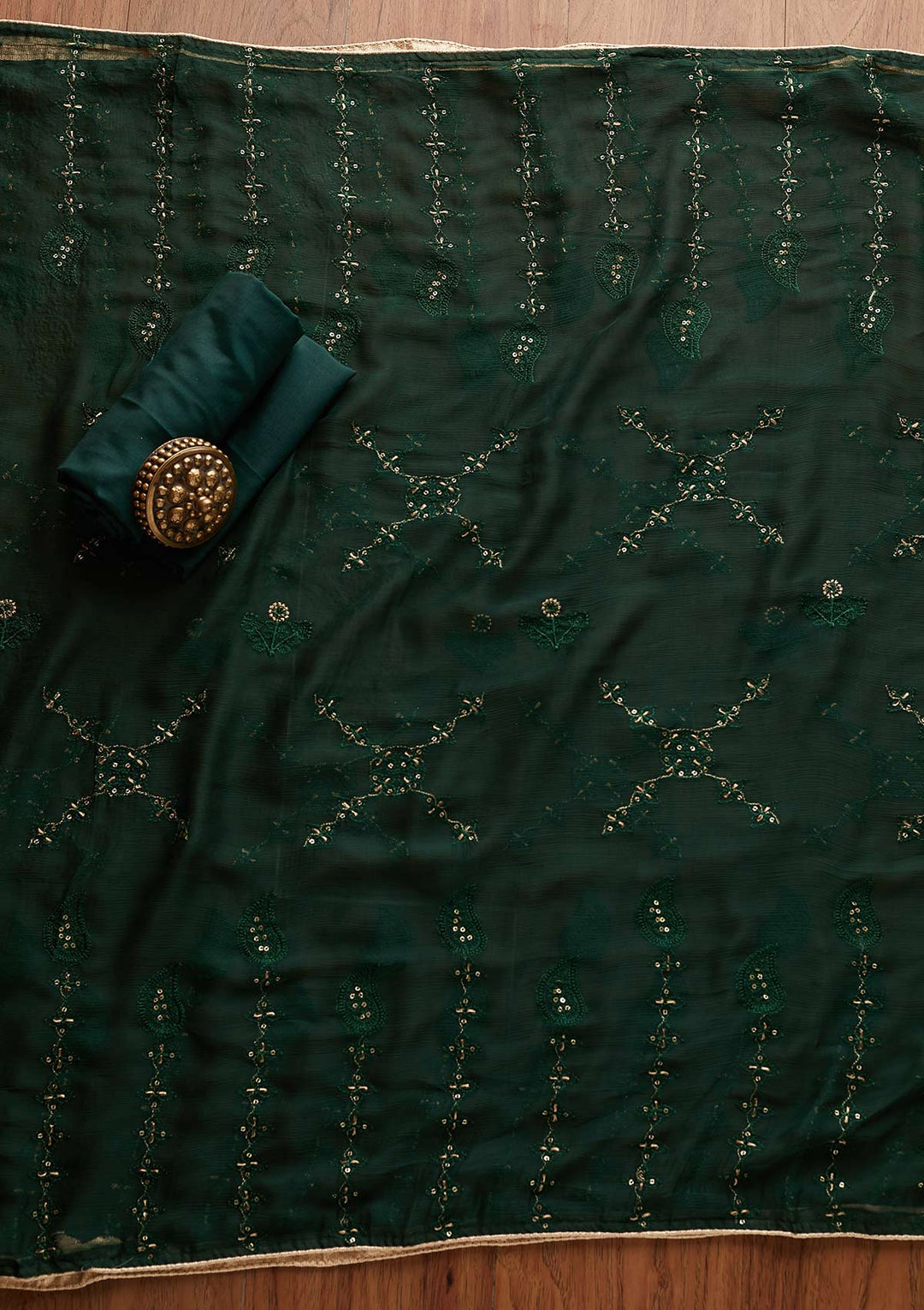 Bottle Green Threadwork Georgette Designer Unstitched Salwar Suit - Koskii
