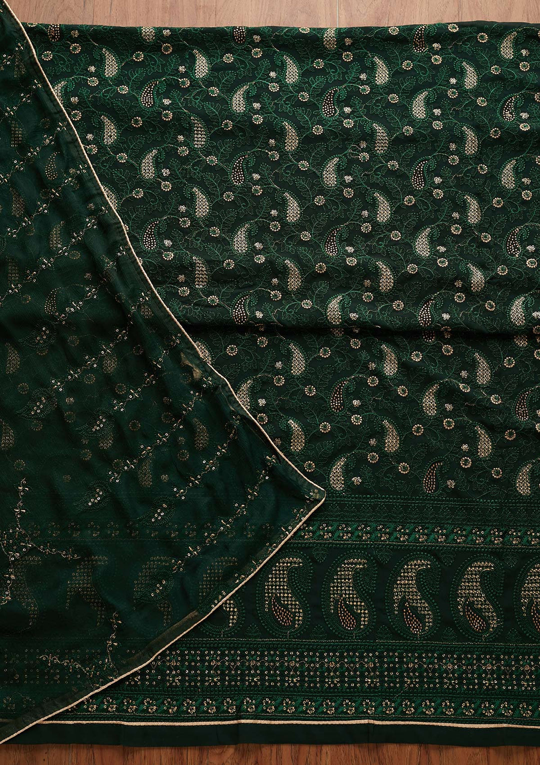 Bottle Green Threadwork Georgette Designer Unstitched Salwar Suit - Koskii