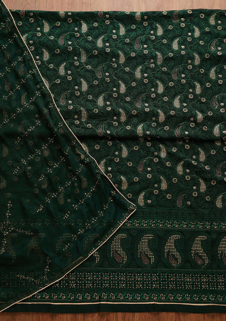 Bottle Green Threadwork Georgette Designer Unstitched Salwar Suit - Koskii
