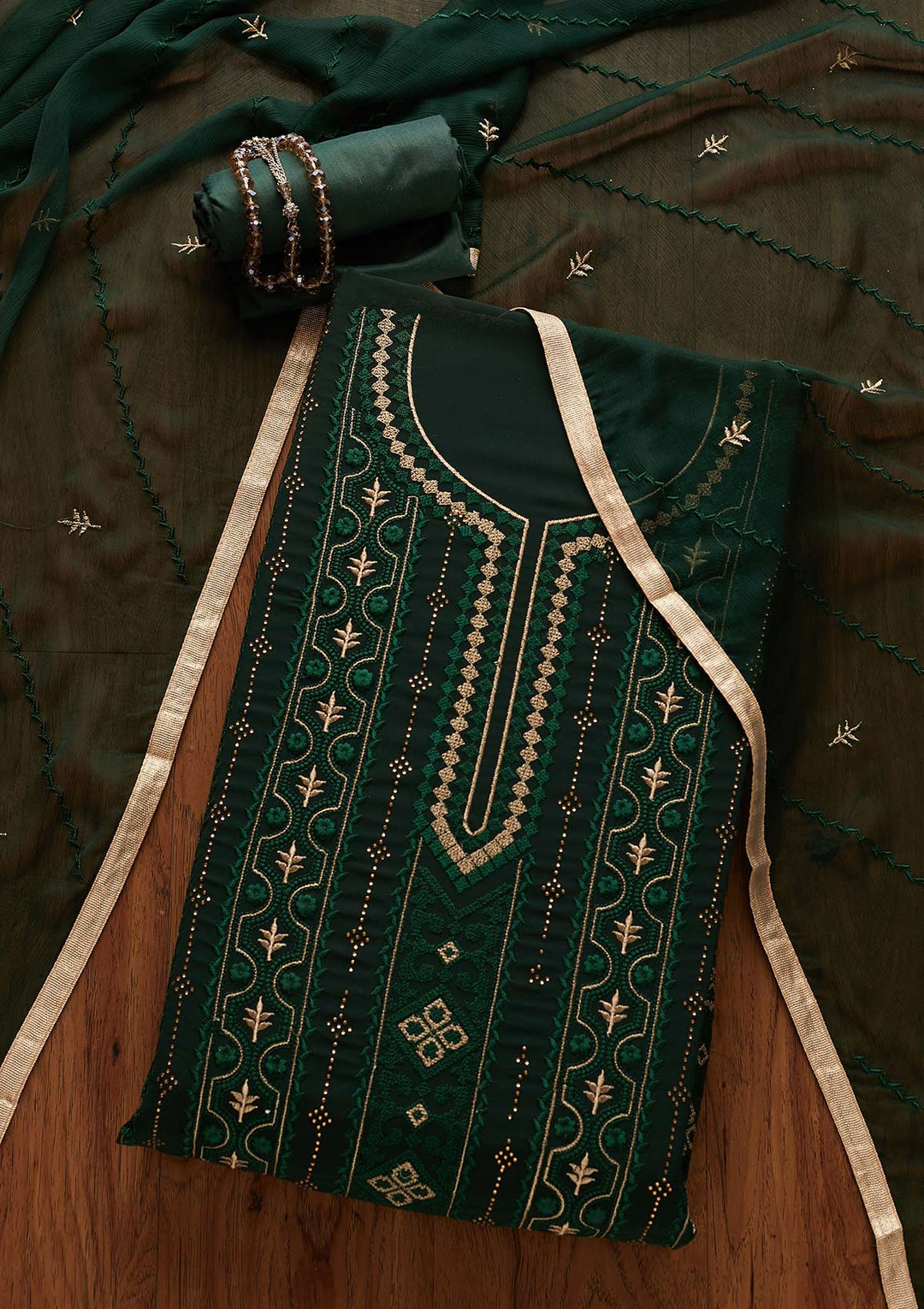 Bottle Green Threadwork Georgette Designer Unstitched Salwar Suit - Koskii