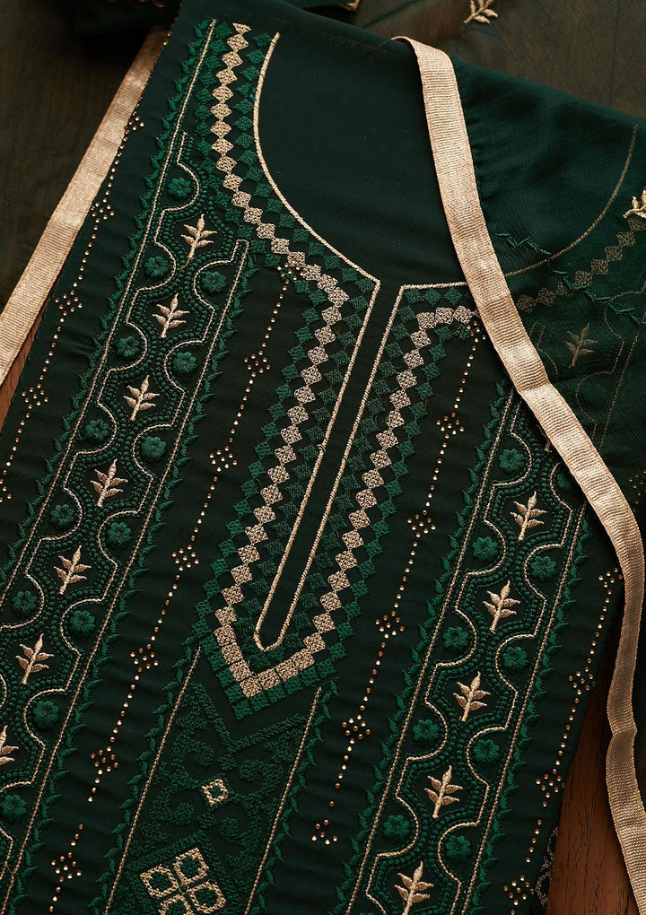 Bottle Green Threadwork Georgette Designer Unstitched Salwar Suit - Koskii
