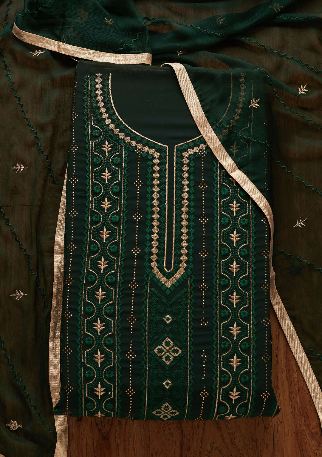Bottle Green Threadwork Georgette Designer Unstitched Salwar Suit - Koskii