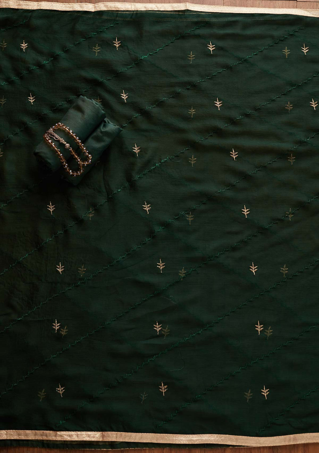 Bottle Green Threadwork Georgette Designer Unstitched Salwar Suit - Koskii