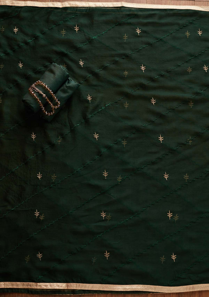 Bottle Green Threadwork Georgette Designer Unstitched Salwar Suit - Koskii