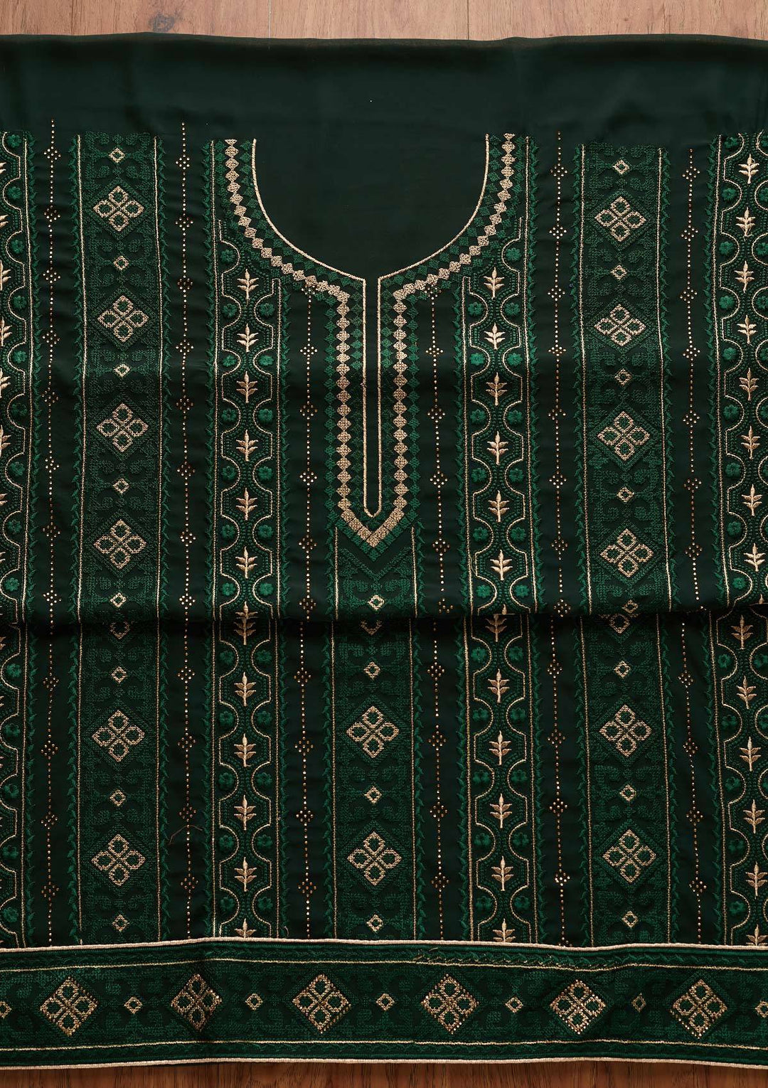 Bottle Green Threadwork Georgette Designer Unstitched Salwar Suit - Koskii