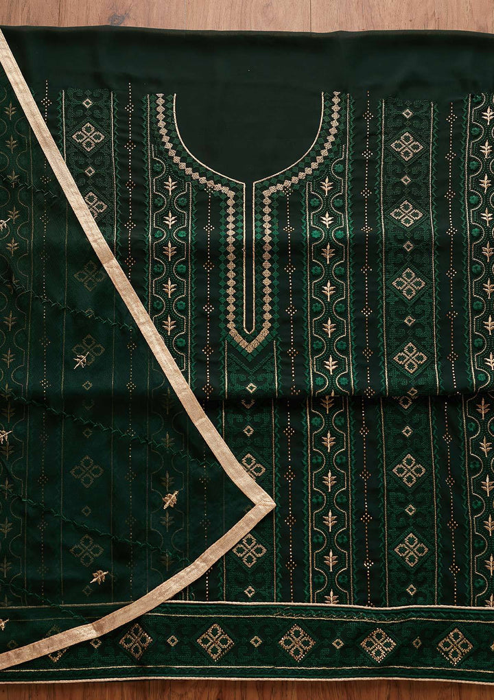 Bottle Green Threadwork Georgette Designer Unstitched Salwar Suit - Koskii
