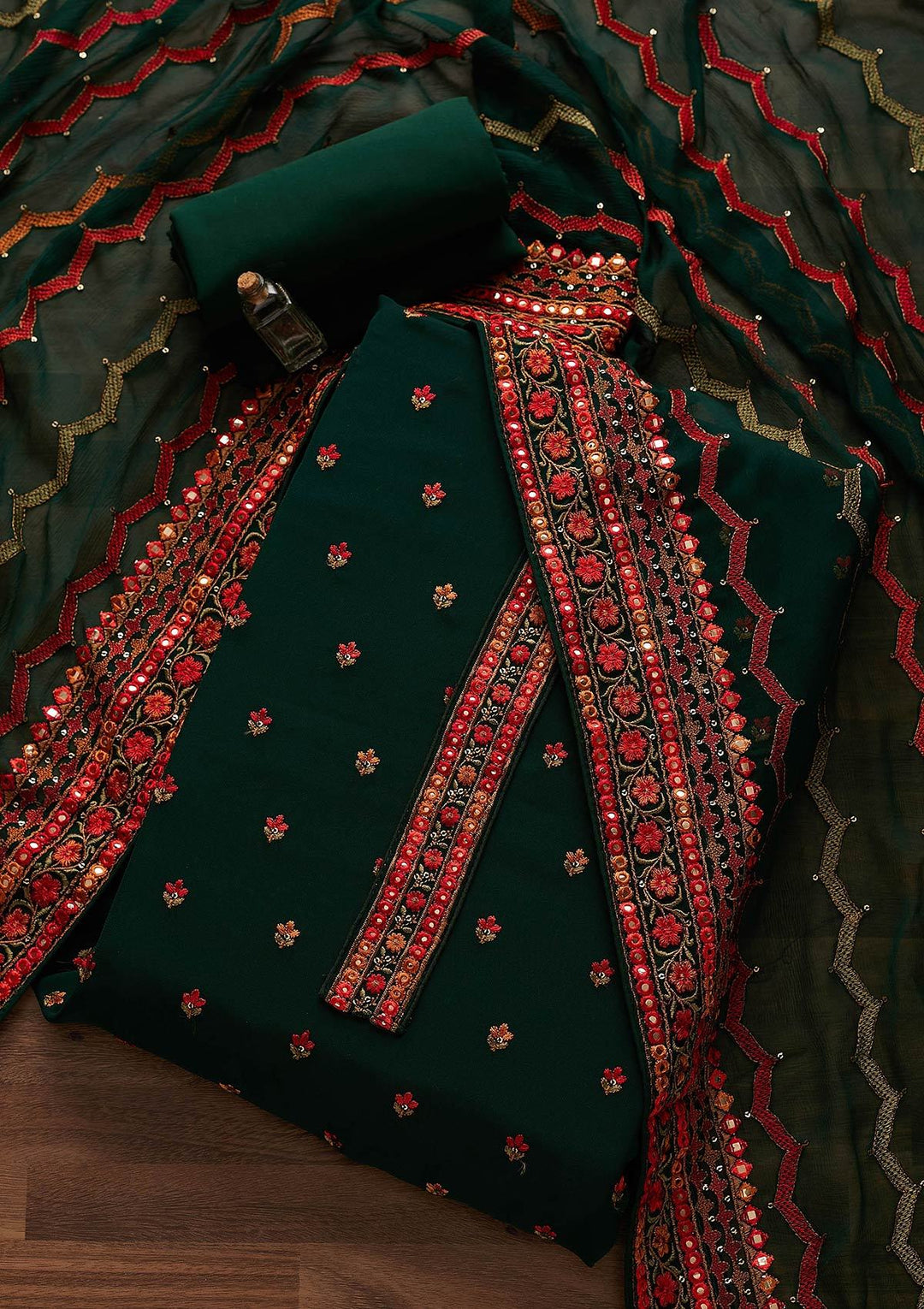 Bottle Green Threadwork Georgette Designer Unstitched Salwar Suit - Koskii