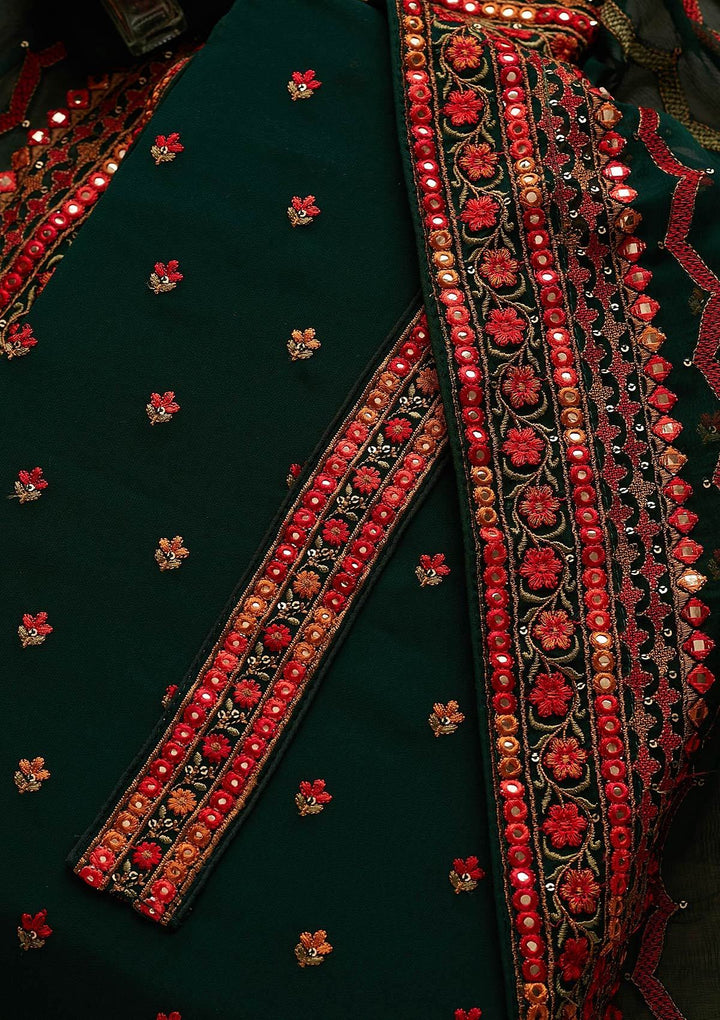 Bottle Green Threadwork Georgette Designer Unstitched Salwar Suit - Koskii