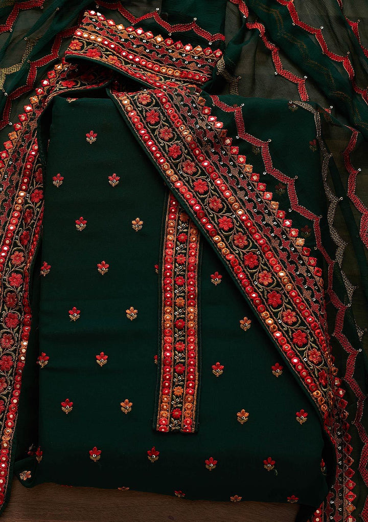 Bottle Green Threadwork Georgette Designer Unstitched Salwar Suit - Koskii
