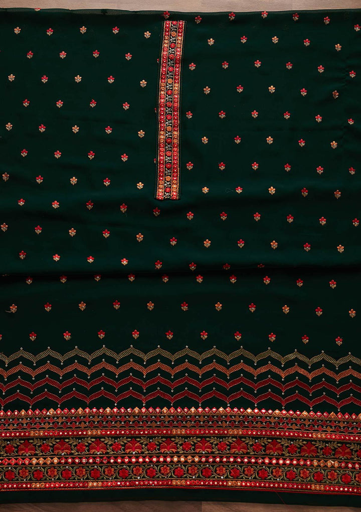 Bottle Green Threadwork Georgette Designer Unstitched Salwar Suit - Koskii