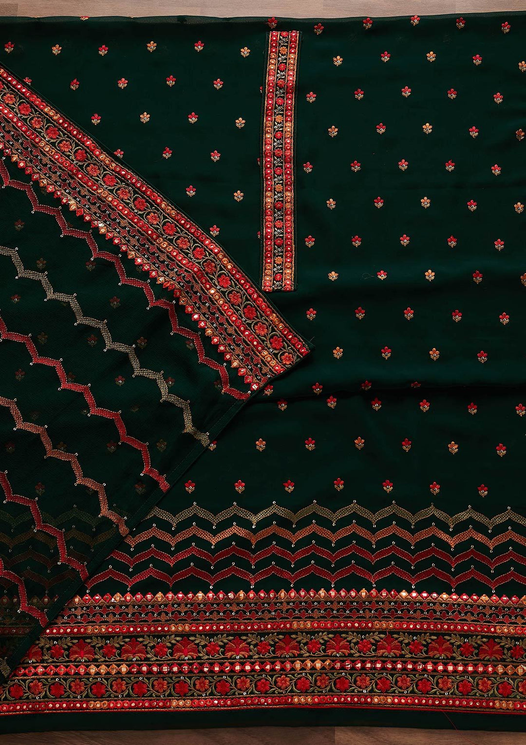 Bottle Green Threadwork Georgette Designer Unstitched Salwar Suit - Koskii