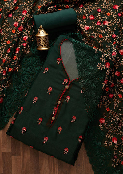 Bottle Green Threadwork Georgette Designer Unstitched Salwar Suit - Koskii