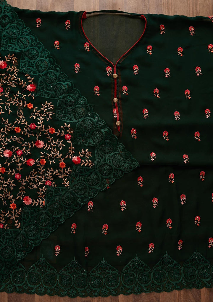 Bottle Green Threadwork Georgette Designer Unstitched Salwar Suit - Koskii