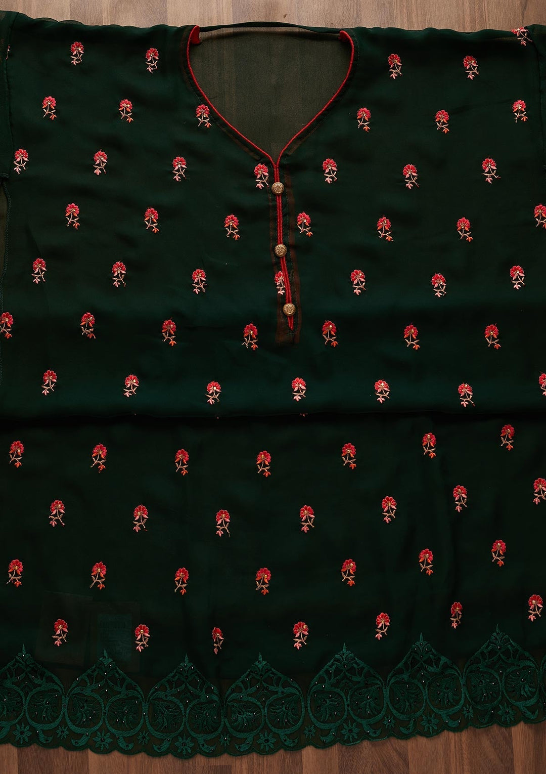 Bottle Green Threadwork Georgette Designer Unstitched Salwar Suit - Koskii