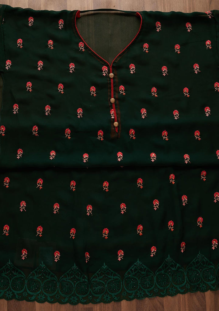 Bottle Green Threadwork Georgette Designer Unstitched Salwar Suit - Koskii