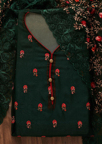 Bottle Green Threadwork Georgette Designer Unstitched Salwar Suit - Koskii