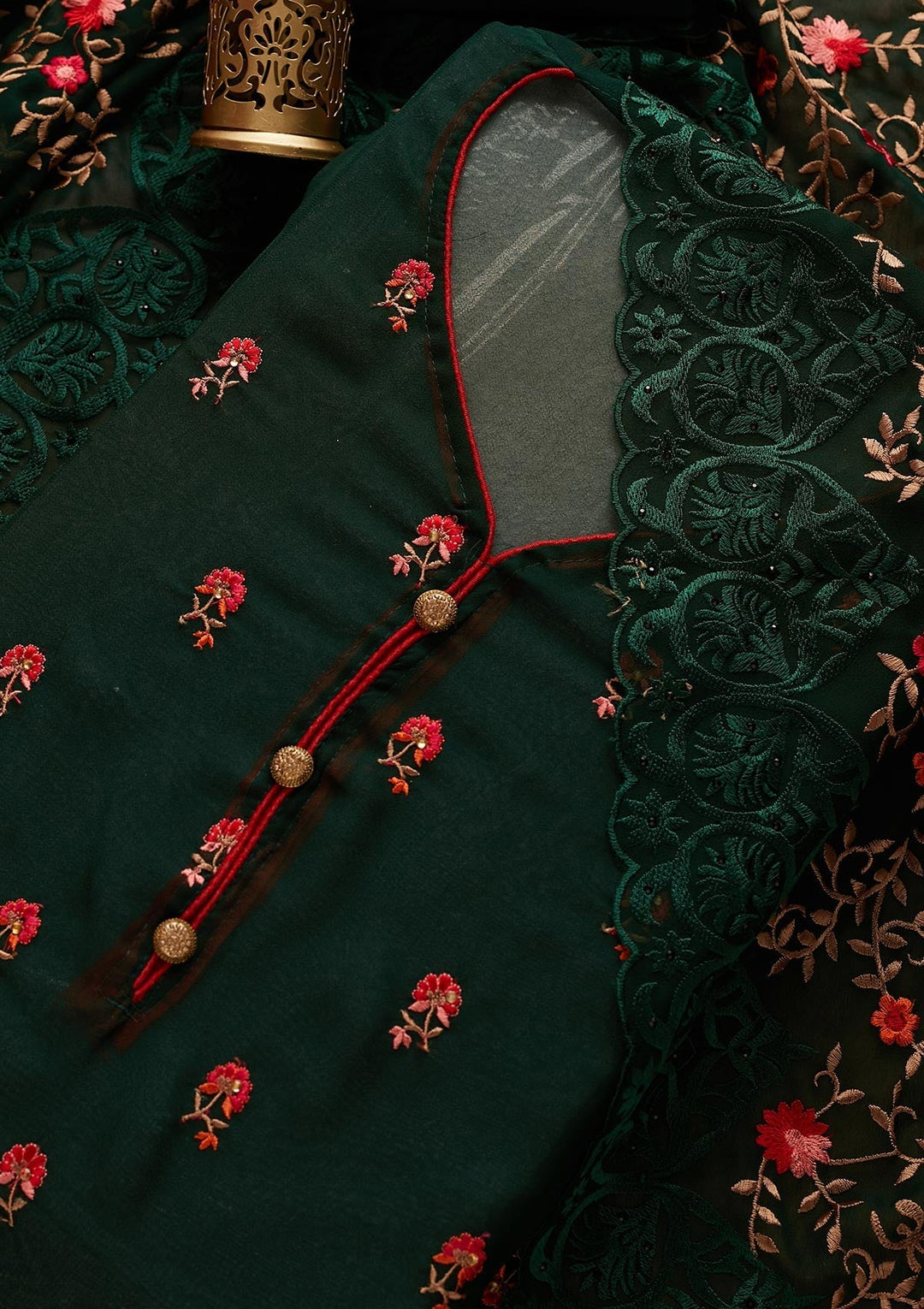 Bottle Green Threadwork Georgette Designer Unstitched Salwar Suit - Koskii
