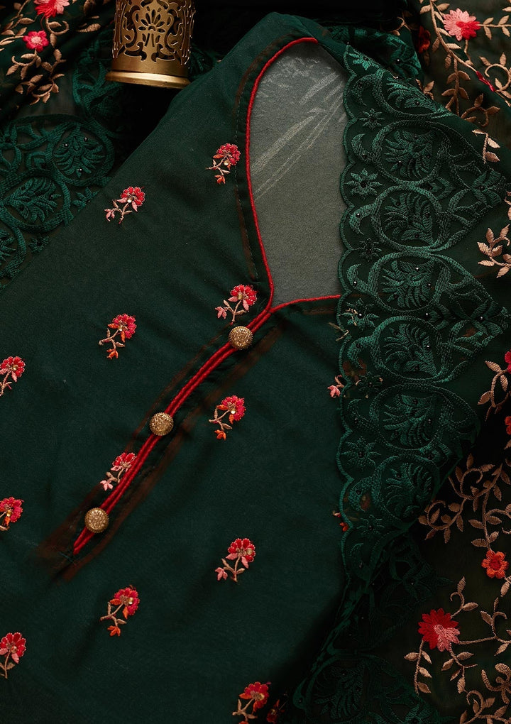 Bottle Green Threadwork Georgette Designer Unstitched Salwar Suit - Koskii