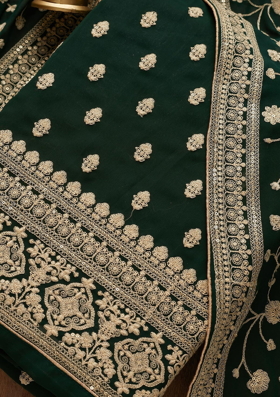 Bottle Green Threadwork Georgette  Unstitched Salwar Suit - Koskii
