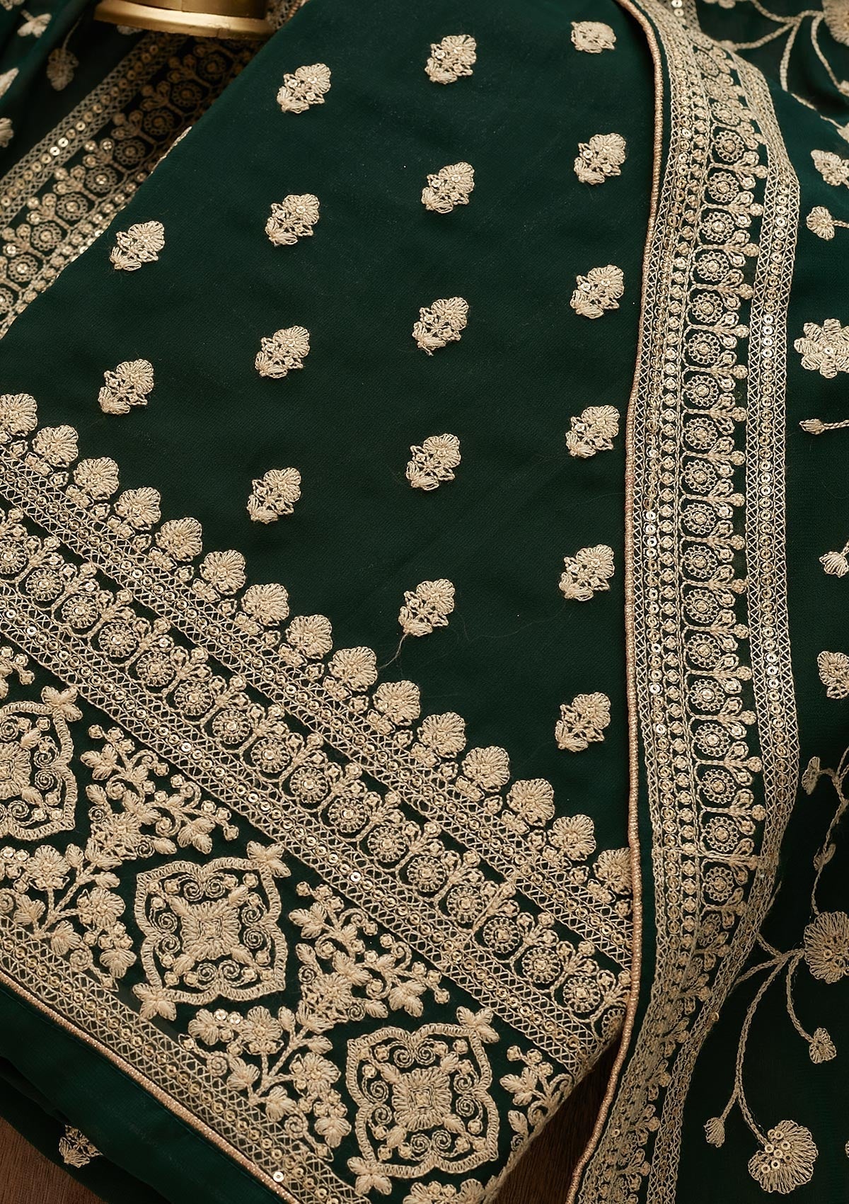 Bottle Green Threadwork Georgette  Unstitched Salwar Suit - Koskii