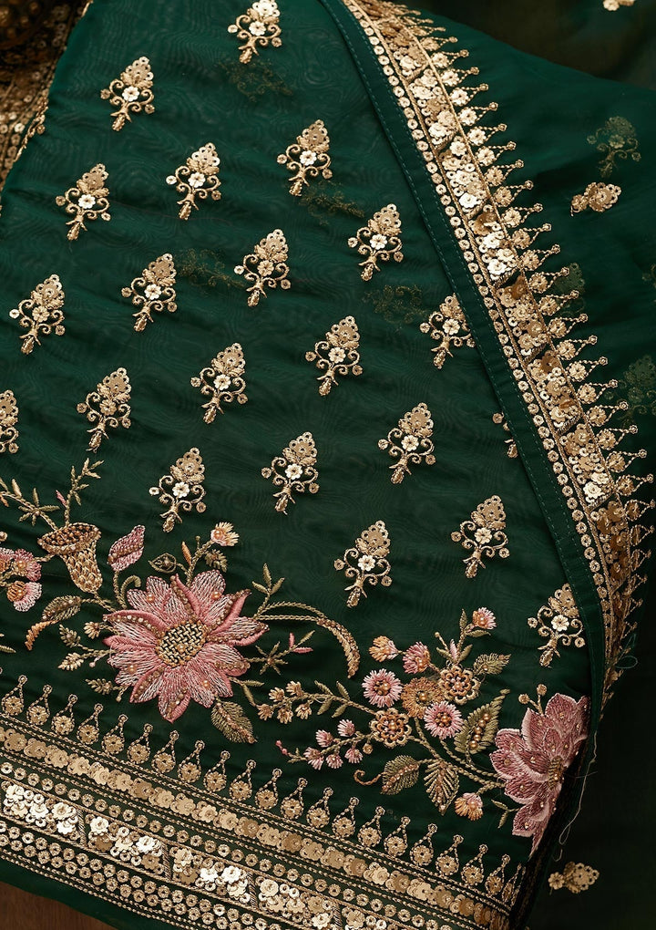 Bottle Green Threadwork Georgette Unstitched Salwar Suit-Koskii