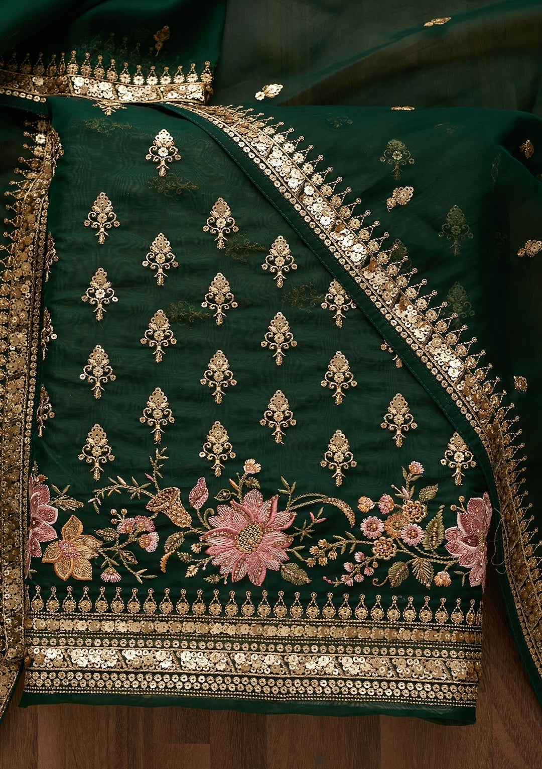 Bottle Green Threadwork Georgette Unstitched Salwar Suit-Koskii