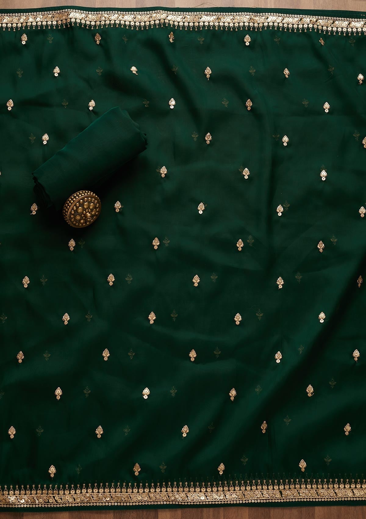 Bottle Green Threadwork Georgette Unstitched Salwar Suit-Koskii