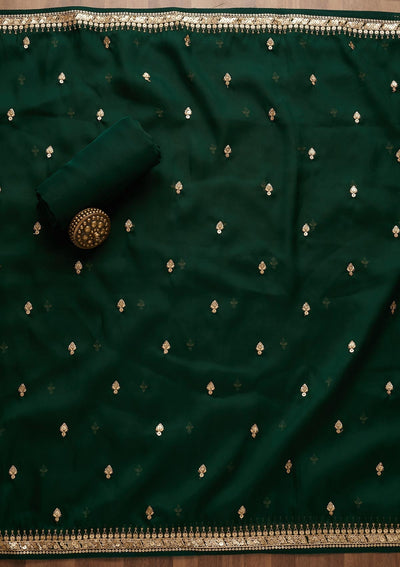 Bottle Green Threadwork Georgette Unstitched Salwar Suit-Koskii