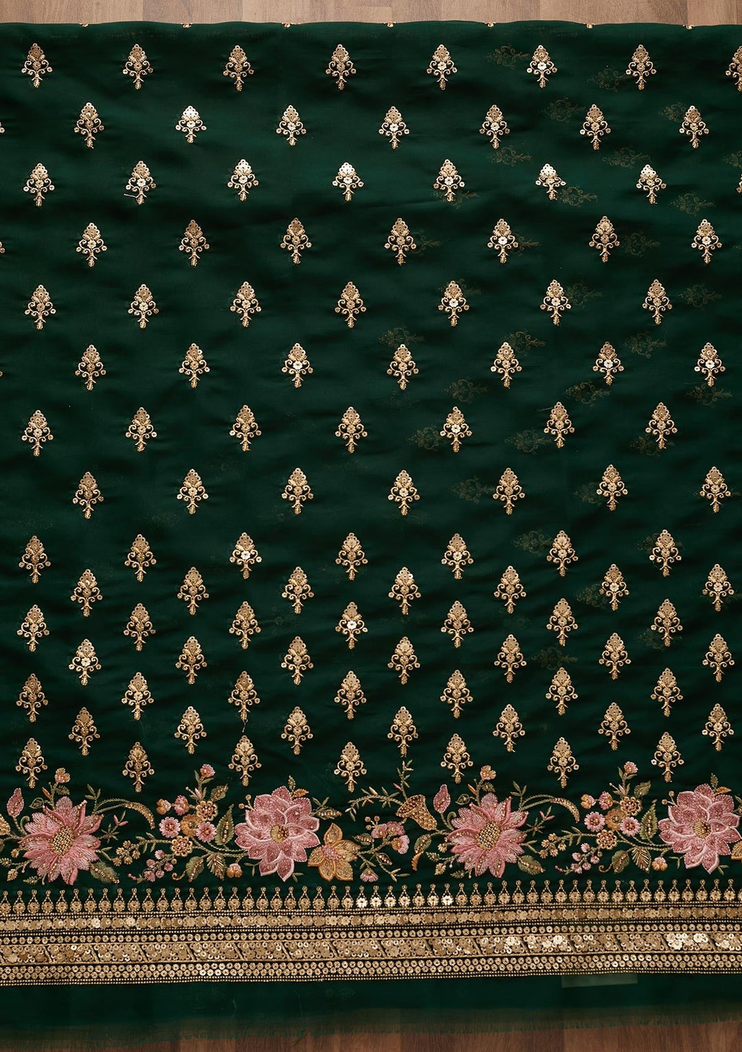 Bottle Green Threadwork Georgette Unstitched Salwar Suit-Koskii