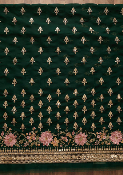 Bottle Green Threadwork Georgette Unstitched Salwar Suit-Koskii