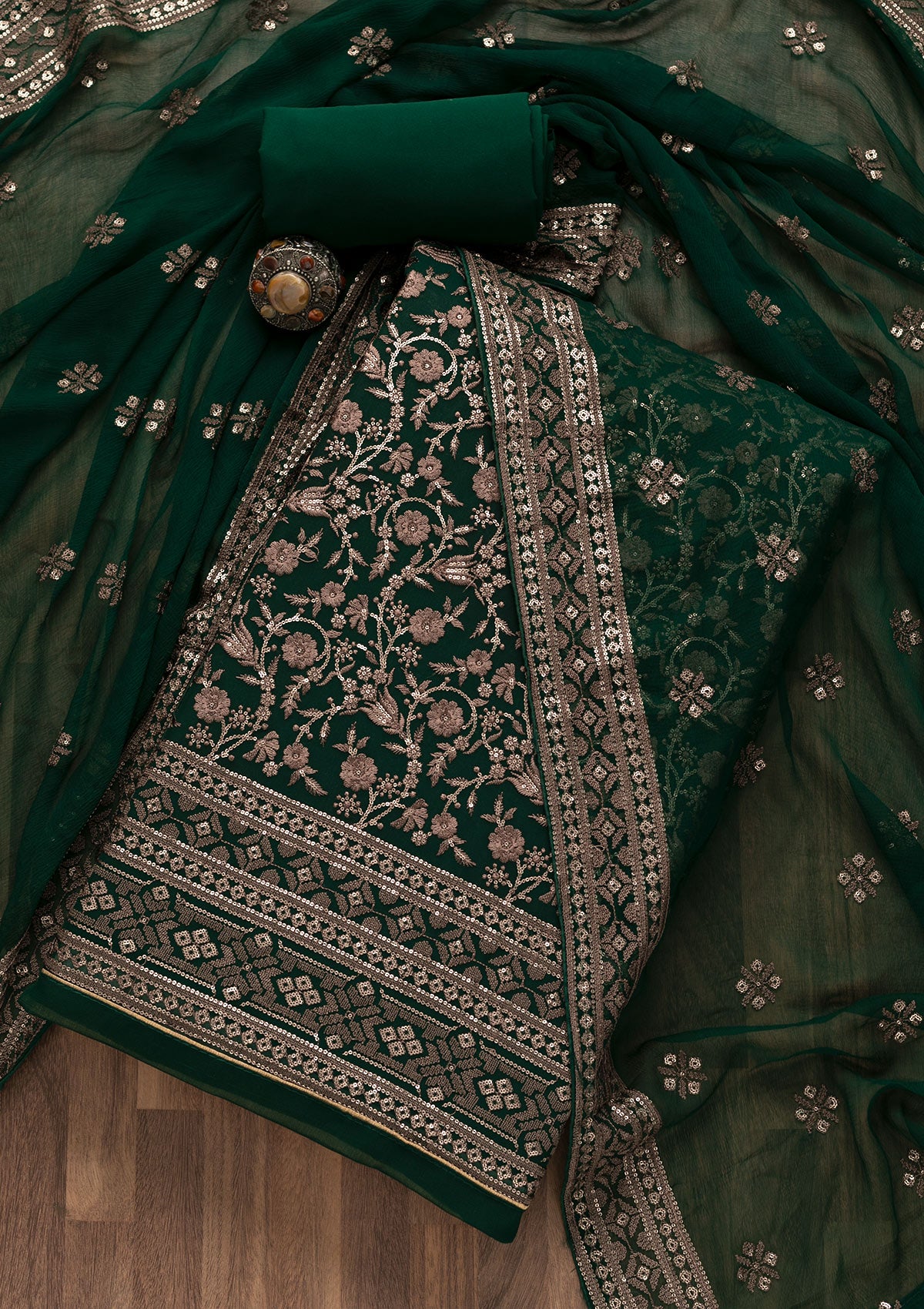 Bottle Green Threadwork Georgette Unstitched Salwar Suit-Koskii