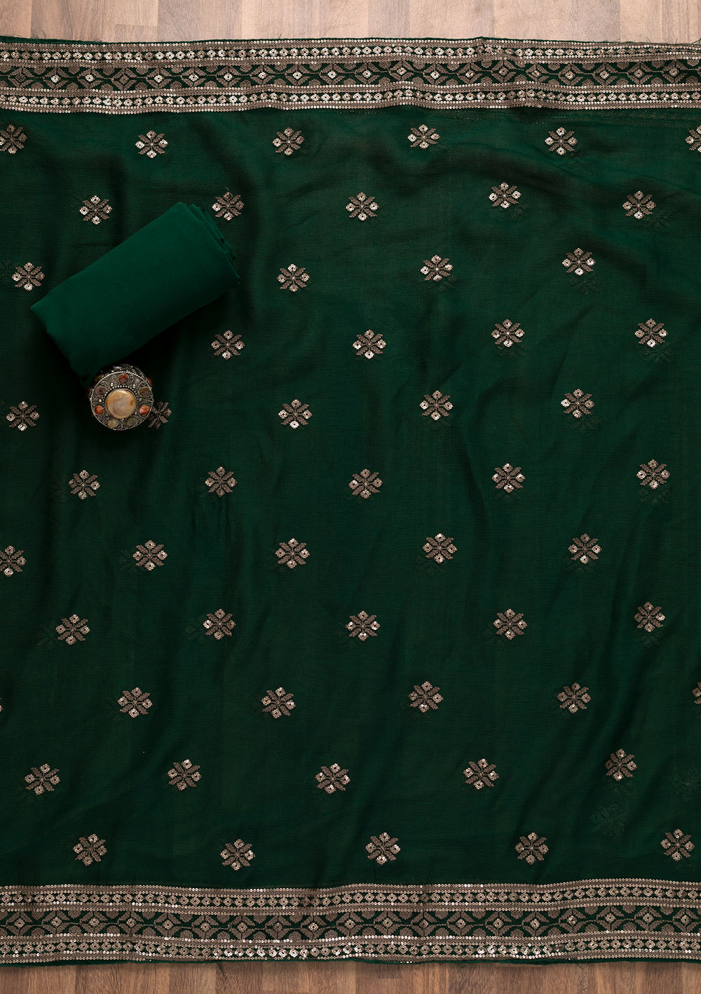 Bottle Green Threadwork Georgette Unstitched Salwar Suit-Koskii